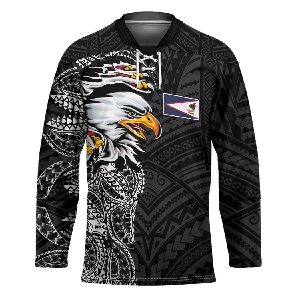 American Samoa Flag Day Hockey Jersey Tribal Tattoo with Eagle Black LT03 Unisex Black - Polynesian Pride