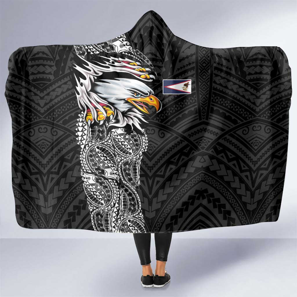 American Samoa Flag Day Hooded Blanket Tribal Tattoo with Eagle Black LT03 One Size Black - Polynesian Pride