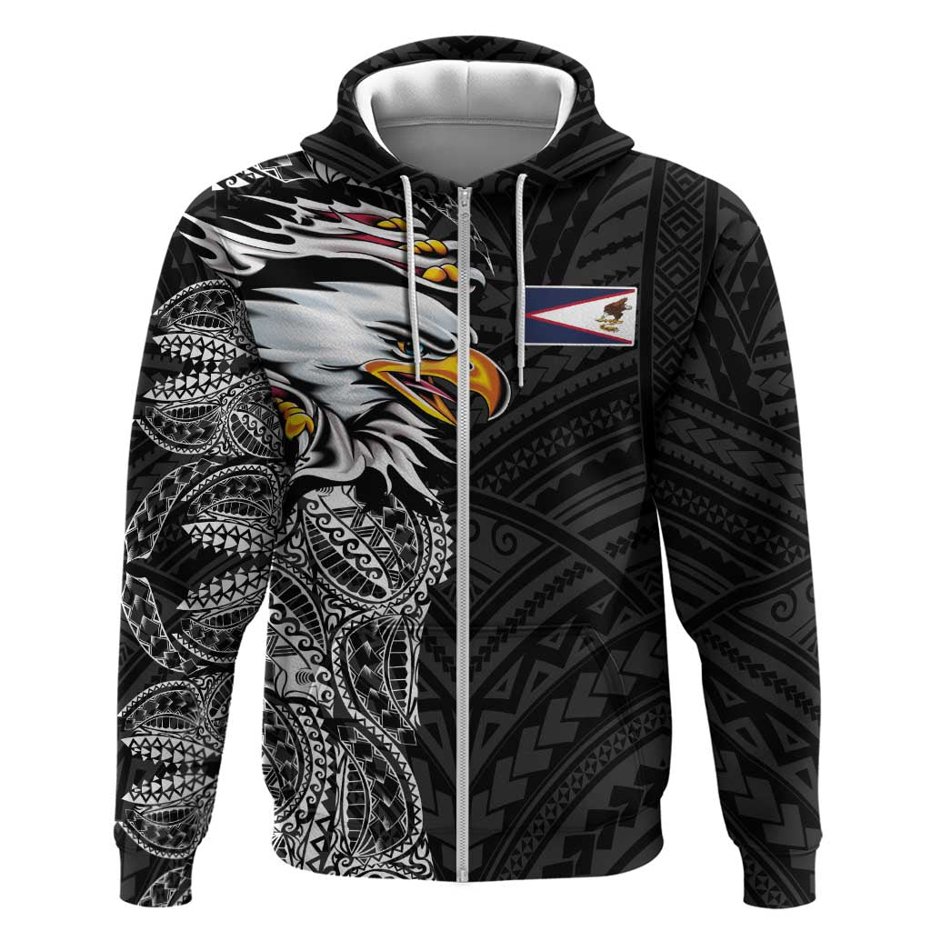 American Samoa Flag Day Hoodie Tribal Tattoo with Eagle Black LT03 Zip Hoodie Black - Polynesian Pride