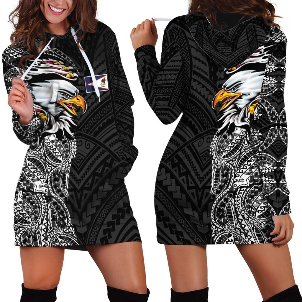 American Samoa Flag Day Hoodie Dress Tribal Tattoo with Eagle Black LT03 - Polynesian Pride