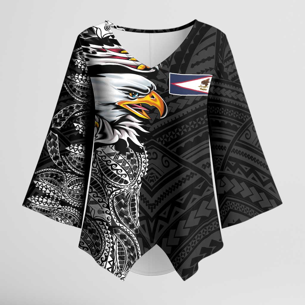 American Samoa Flag Day Kimono Sleeve Blouse Tribal Tattoo with Eagle Black LT03 Female Black - Polynesian Pride