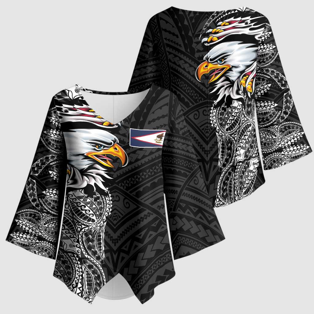 American Samoa Flag Day Kimono Sleeve Blouse Tribal Tattoo with Eagle Black LT03 - Polynesian Pride