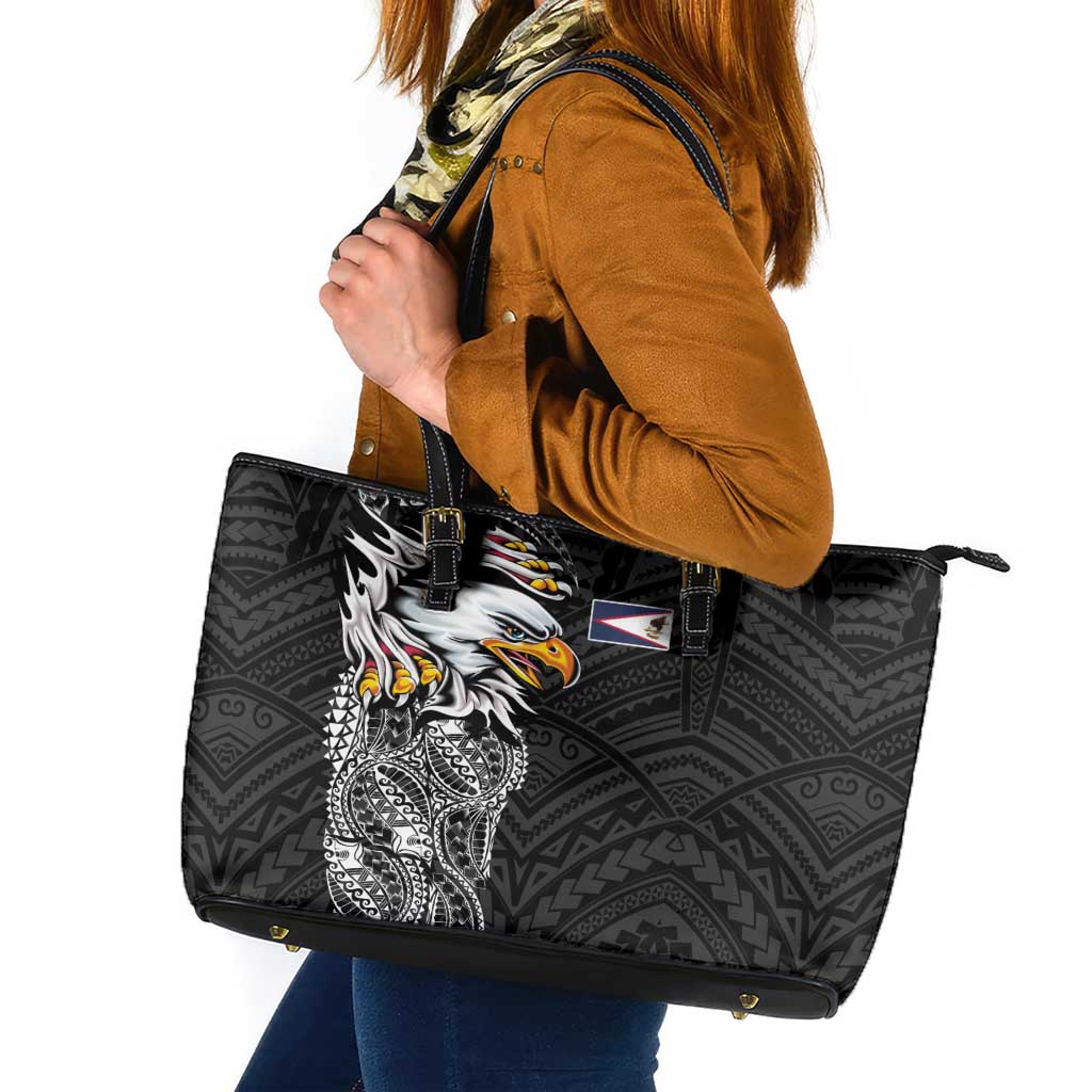 American Samoa Flag Day Leather Tote Bag Tribal Tattoo with Eagle Black LT03 Black - Polynesian Pride