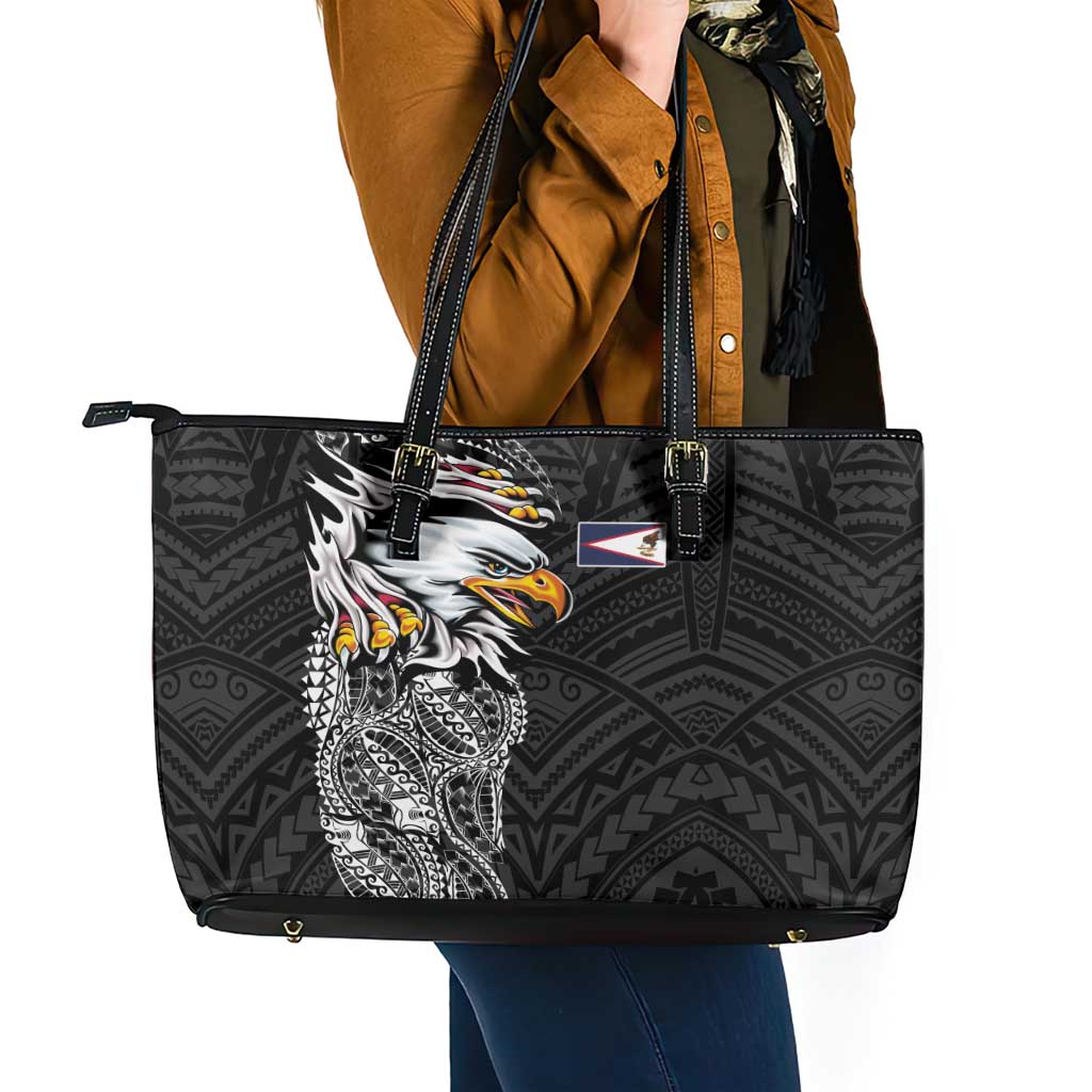 American Samoa Flag Day Leather Tote Bag Tribal Tattoo with Eagle Black LT03 - Polynesian Pride