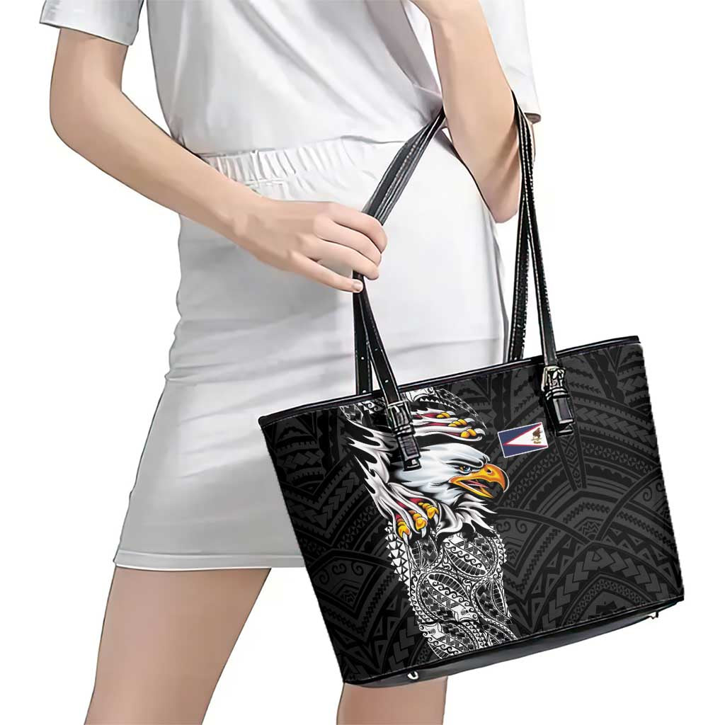American Samoa Flag Day Leather Tote Bag Tribal Tattoo with Eagle Black LT03 - Polynesian Pride