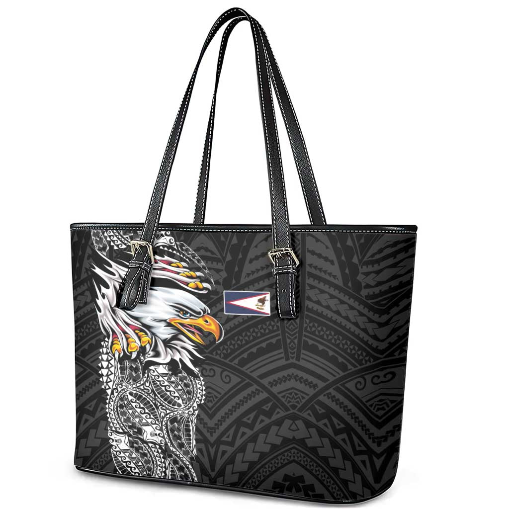 American Samoa Flag Day Leather Tote Bag Tribal Tattoo with Eagle Black LT03 - Polynesian Pride