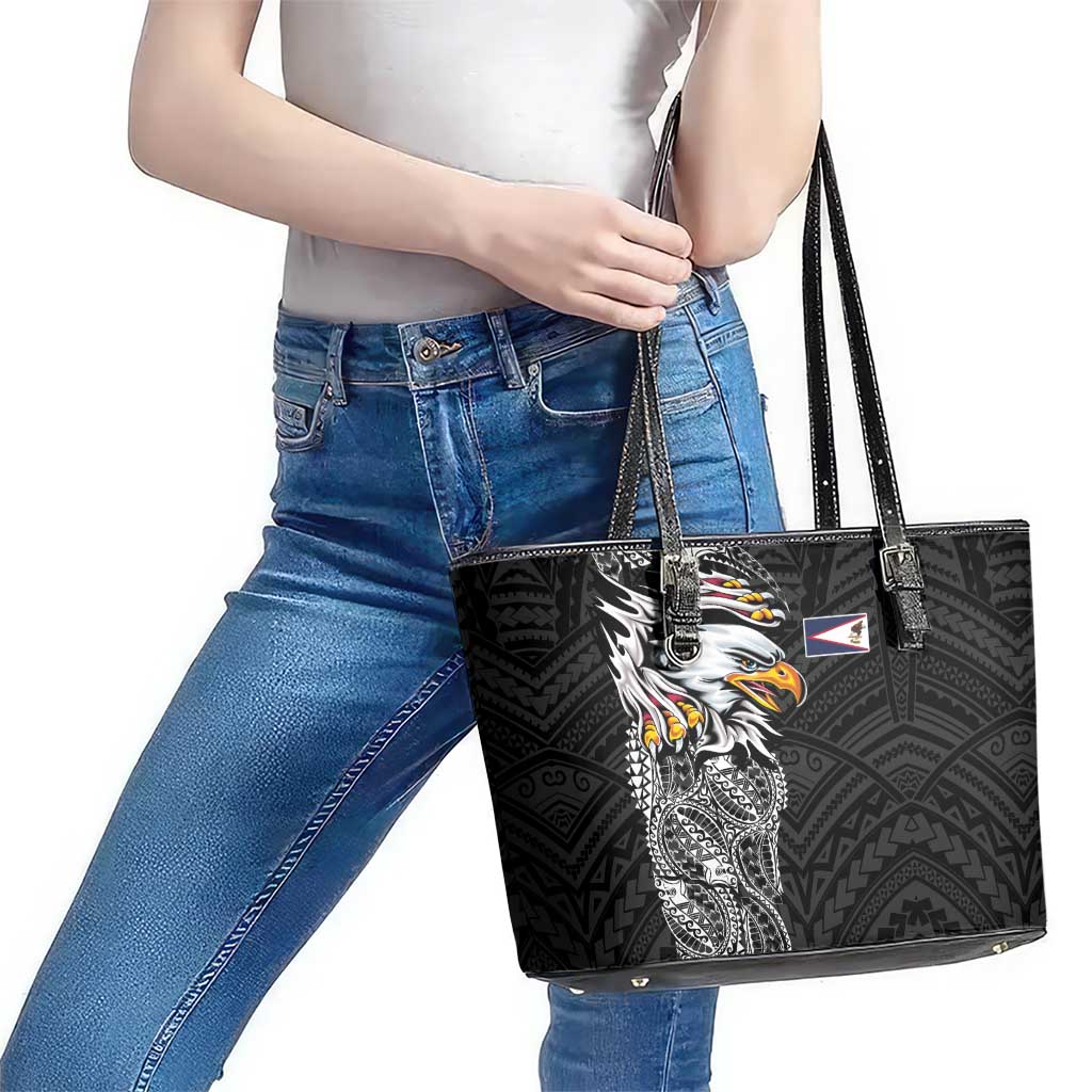 American Samoa Flag Day Leather Tote Bag Tribal Tattoo with Eagle Black LT03 - Polynesian Pride