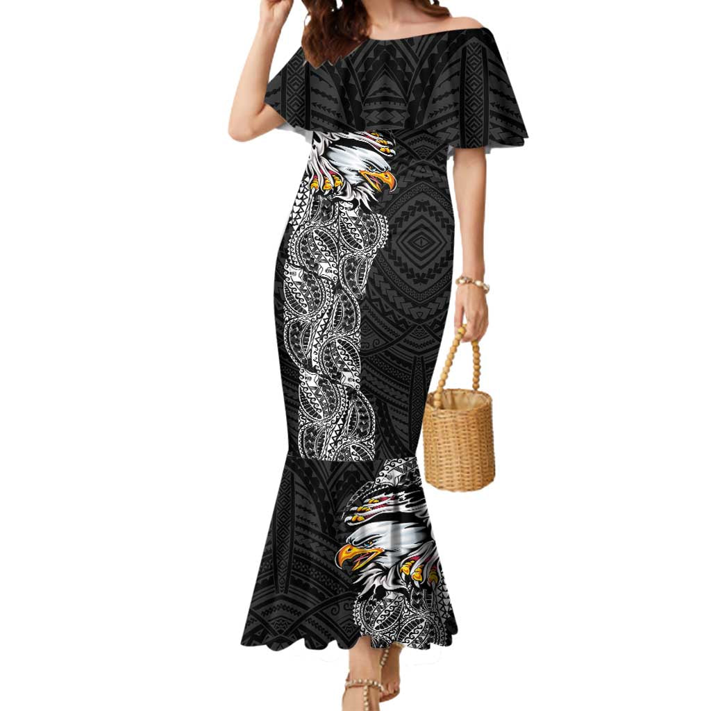 American Samoa Flag Day Mermaid Dress Tribal Tattoo with Eagle Black LT03 Women Black - Polynesian Pride