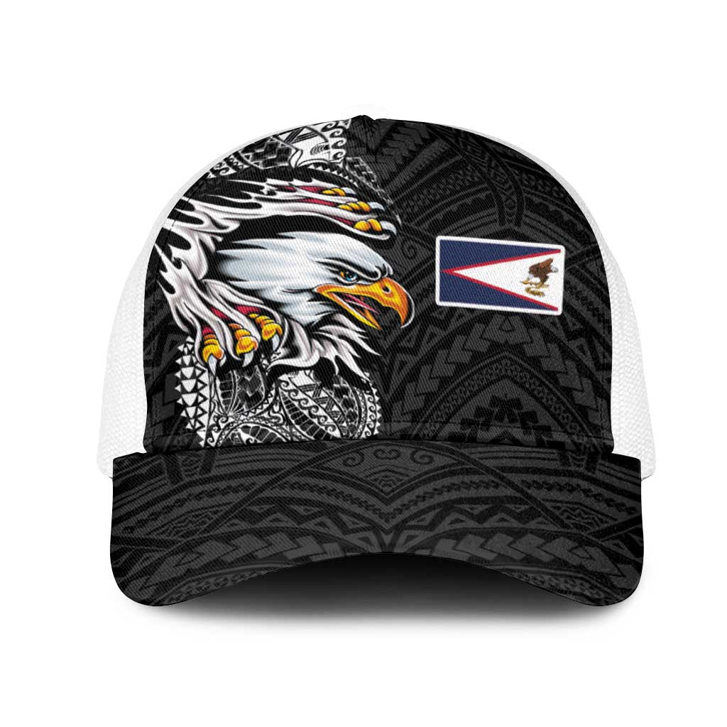 American Samoa Flag Day Mesh Trucker Cap Tribal Tattoo with Eagle Black LT03 One Size White Black - Polynesian Pride