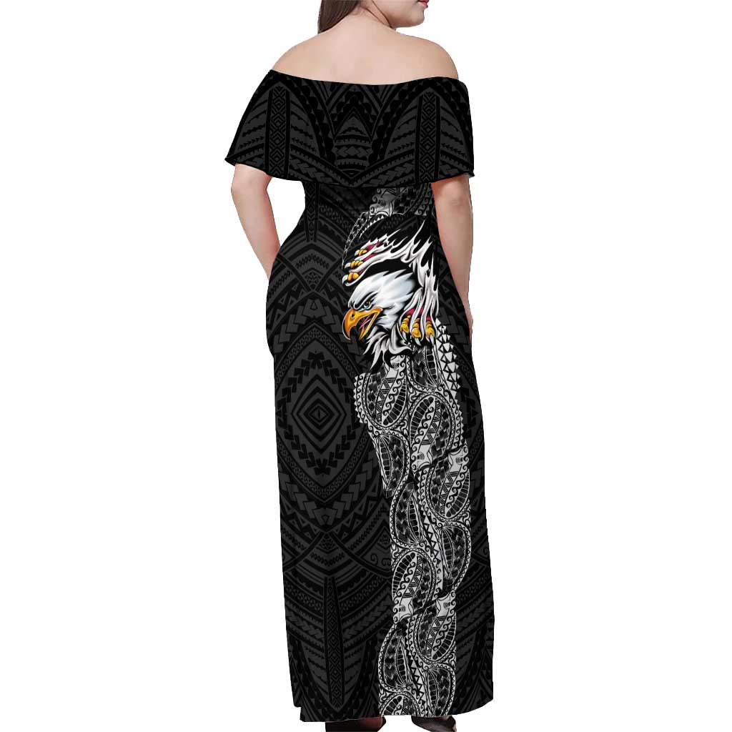 American Samoa Flag Day Off Shoulder Maxi Dress Tribal Tattoo with Eagle Black LT03 - Polynesian Pride