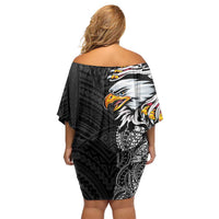 American Samoa Flag Day Off Shoulder Short Dress Tribal Tattoo with Eagle Black LT03 - Polynesian Pride
