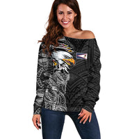 American Samoa Flag Day Off Shoulder Sweater Tribal Tattoo with Eagle Black