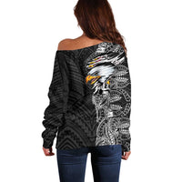 American Samoa Flag Day Off Shoulder Sweater Tribal Tattoo with Eagle Black
