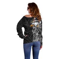 American Samoa Flag Day Off Shoulder Sweater Tribal Tattoo with Eagle Black