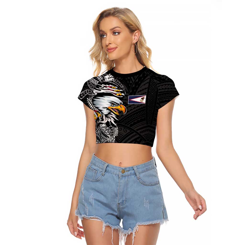 American Samoa Flag Day Raglan Cropped T Shirt Tribal Tattoo with Eagle Black LT03 Female Black - Polynesian Pride