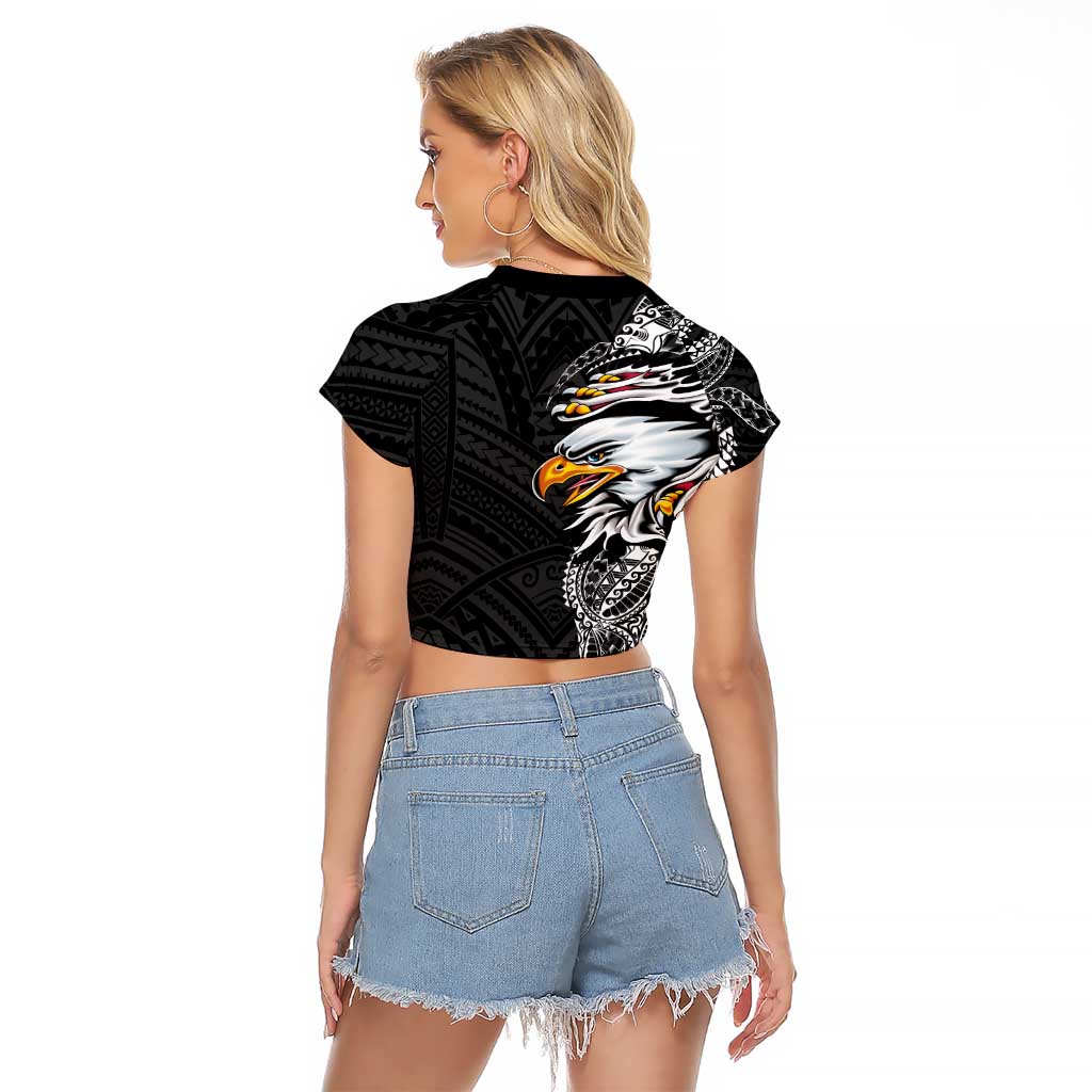American Samoa Flag Day Raglan Cropped T Shirt Tribal Tattoo with Eagle Black LT03 - Polynesian Pride