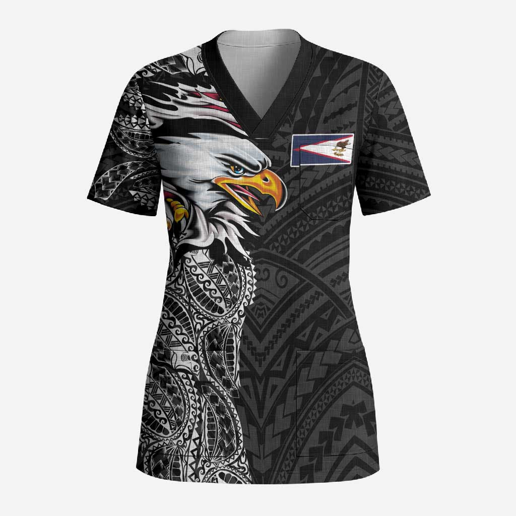 American Samoa Flag Day Scrub Top Tribal Tattoo with Eagle Black LT03 Adult Black - Polynesian Pride