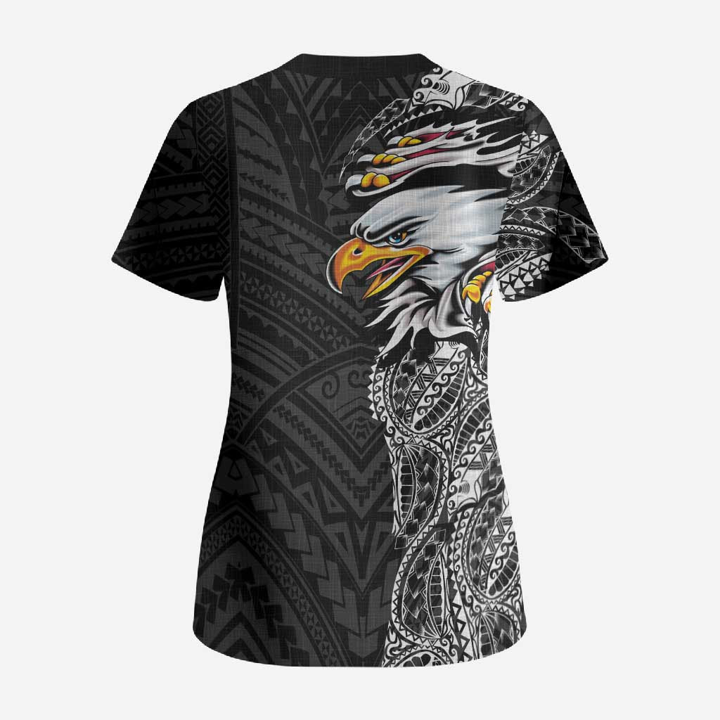 American Samoa Flag Day Scrub Top Tribal Tattoo with Eagle Black LT03 - Polynesian Pride
