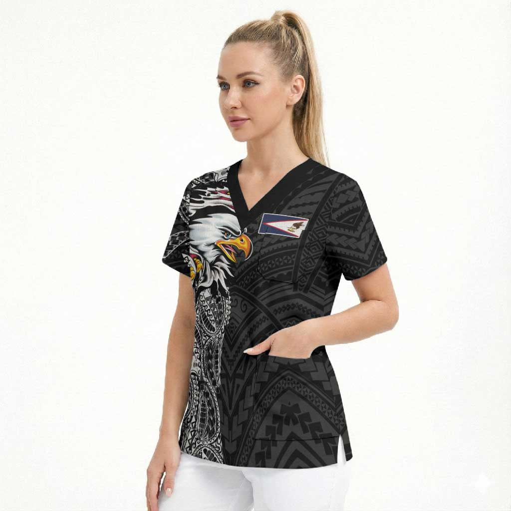 American Samoa Flag Day Scrub Top Tribal Tattoo with Eagle Black LT03 - Polynesian Pride