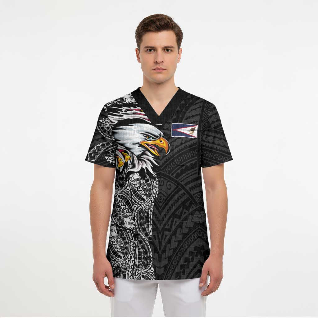 American Samoa Flag Day Scrub Top Tribal Tattoo with Eagle Black LT03 - Polynesian Pride