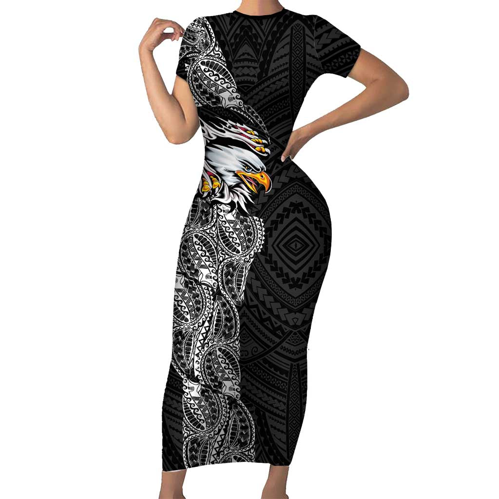American Samoa Flag Day Short Sleeve Bodycon Dress Tribal Tattoo with Eagle Black LT03 Long Dress Black - Polynesian Pride