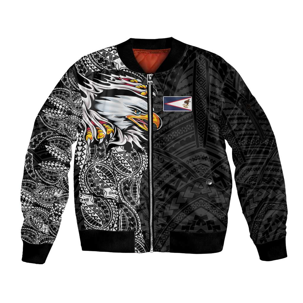 American Samoa Flag Day Sleeve Zip Bomber Jacket Tribal Tattoo with Eagle Black LT03 Unisex Black - Polynesian Pride
