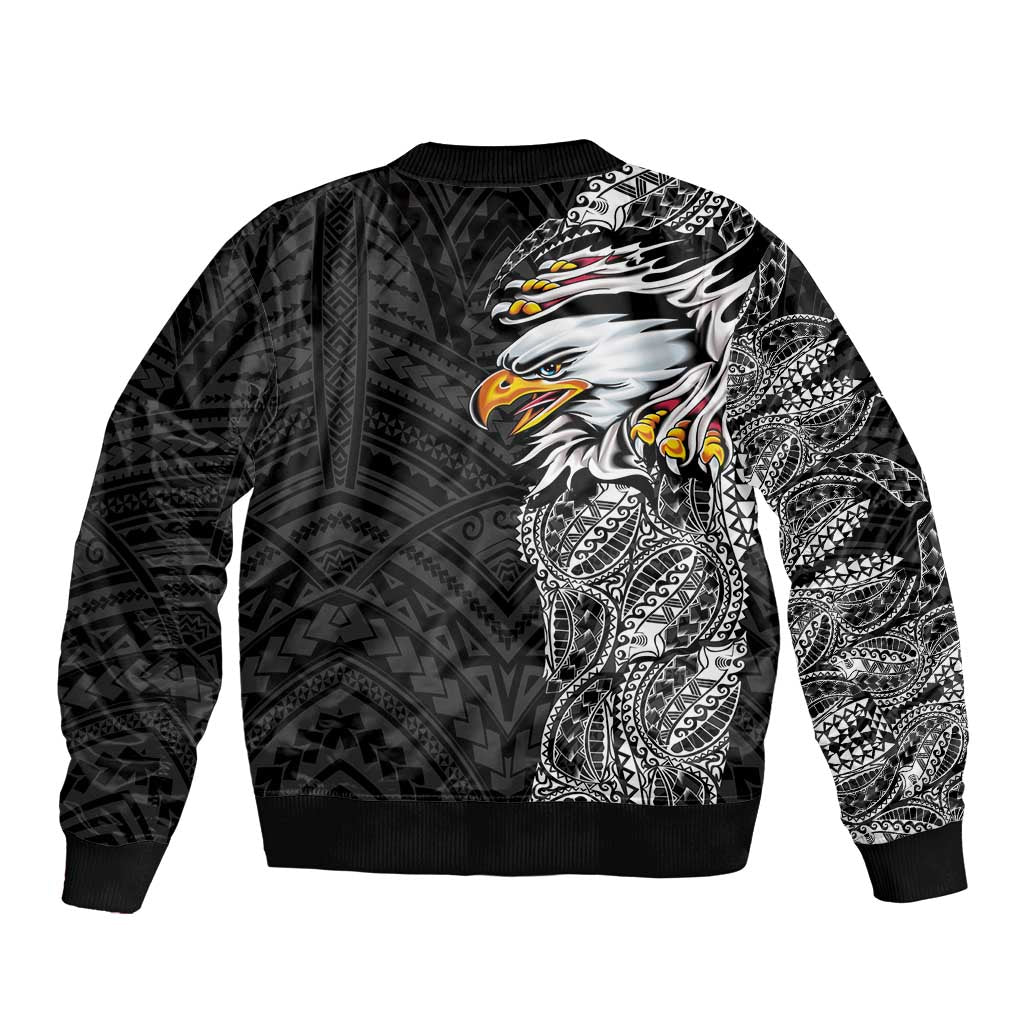 American Samoa Flag Day Sleeve Zip Bomber Jacket Tribal Tattoo with Eagle Black LT03 - Polynesian Pride