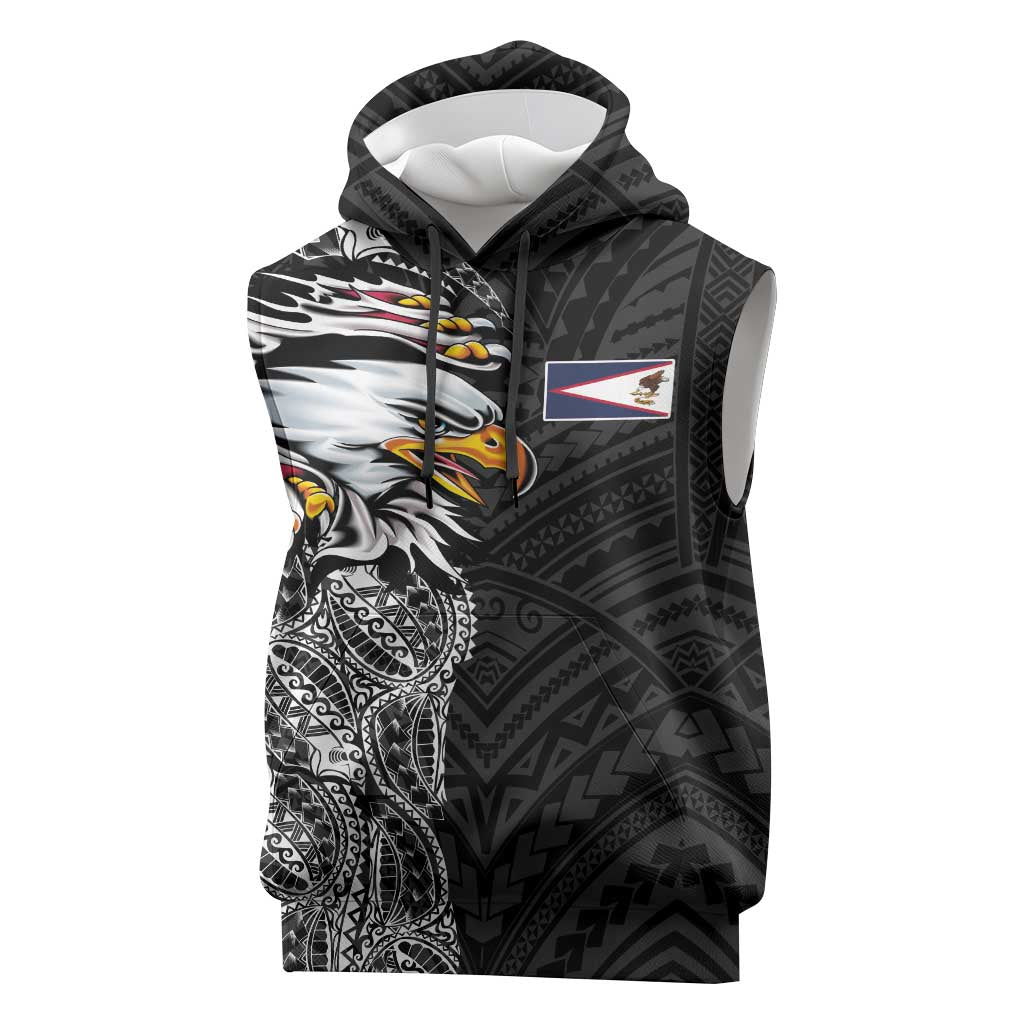 American Samoa Flag Day Sleeveless Hoodie Tribal Tattoo with Eagle Black LT03 Black - Polynesian Pride