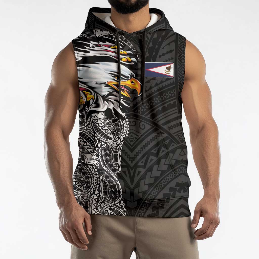 American Samoa Flag Day Sleeveless Hoodie Tribal Tattoo with Eagle Black LT03 - Polynesian Pride