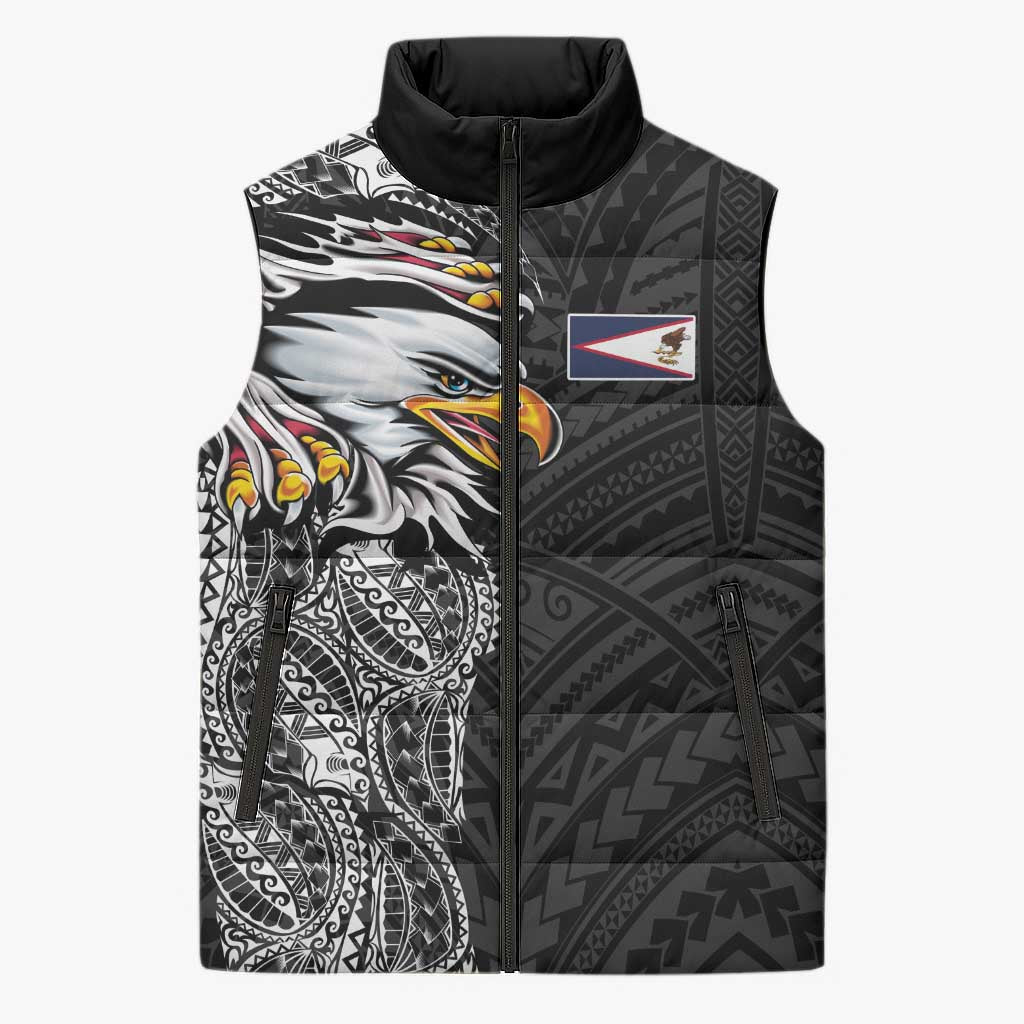 American Samoa Flag Day Sleeveless Puffer Jacket Tribal Tattoo with Eagle Black LT03 Unisex Black - Polynesian Pride