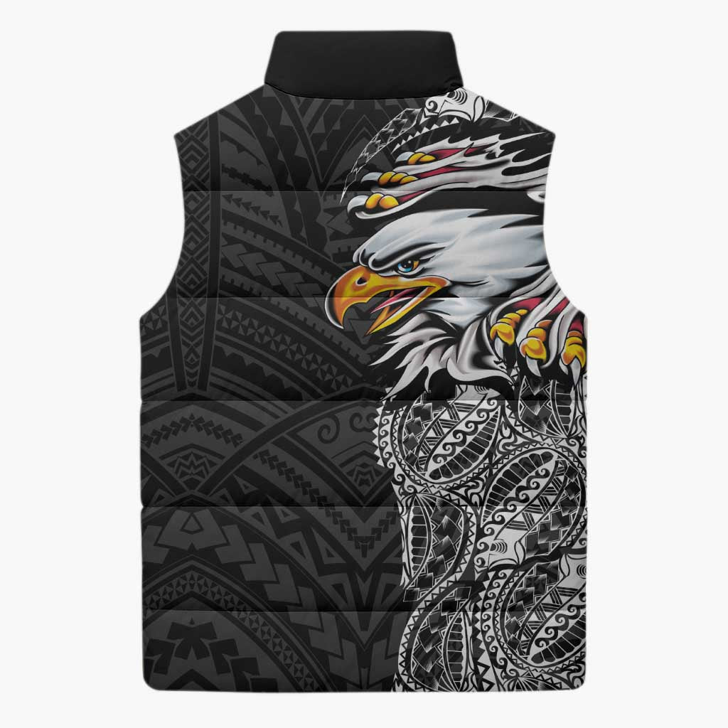 American Samoa Flag Day Sleeveless Puffer Jacket Tribal Tattoo with Eagle Black LT03 - Polynesian Pride
