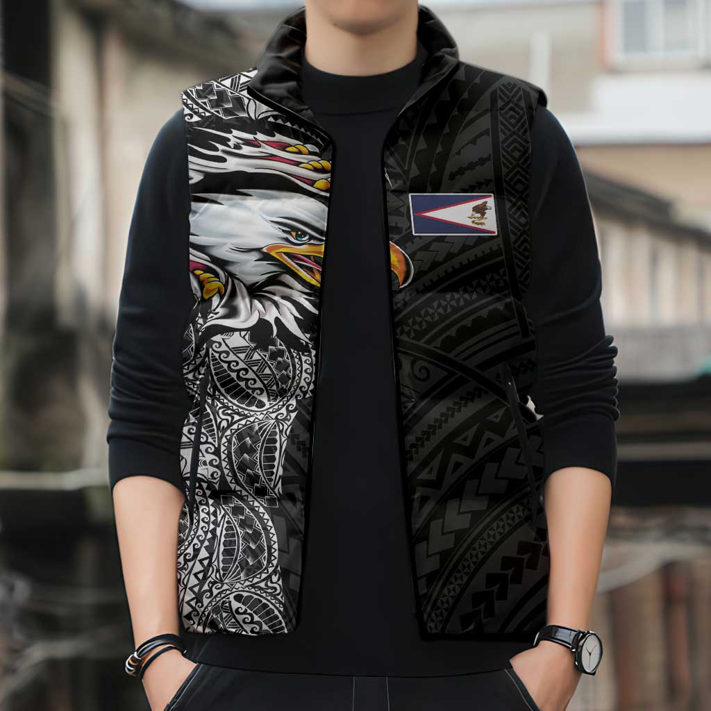 American Samoa Flag Day Sleeveless Puffer Jacket Tribal Tattoo with Eagle Black LT03 - Polynesian Pride