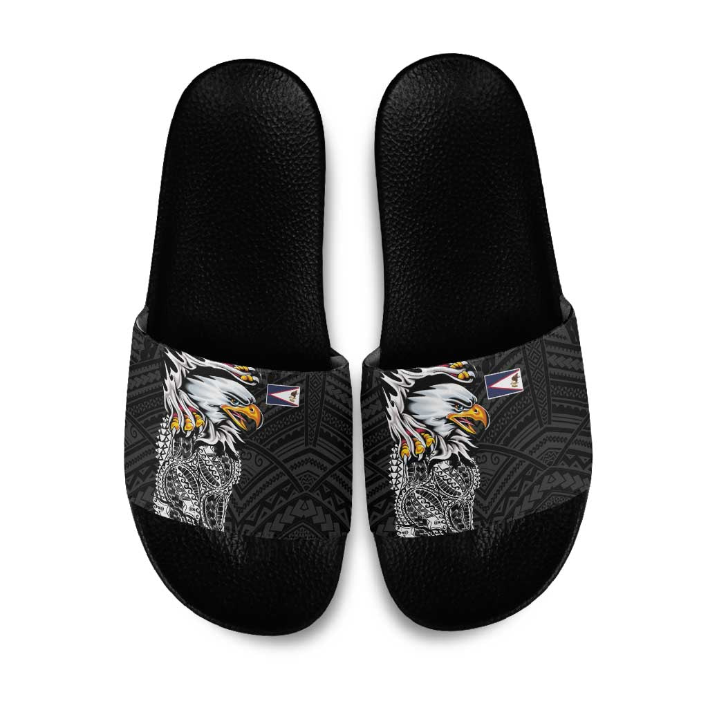 American Samoa Flag Day Slide Sandals Tribal Tattoo with Eagle Black LT03 Black - Polynesian Pride