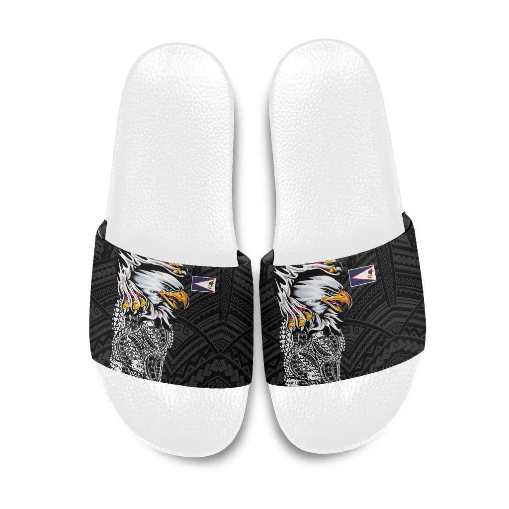 American Samoa Flag Day Slide Sandals Tribal Tattoo with Eagle Black LT03 Black - Polynesian Pride