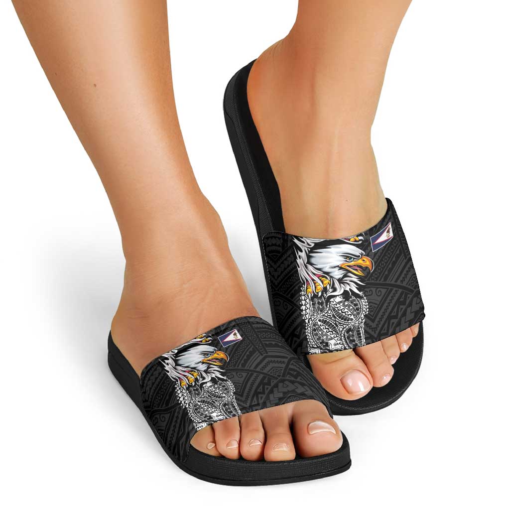 American Samoa Flag Day Slide Sandals Tribal Tattoo with Eagle Black LT03 - Polynesian Pride