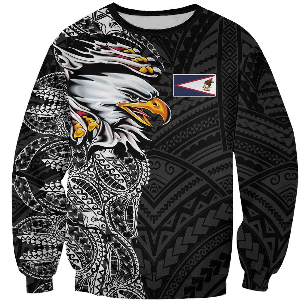 American Samoa Flag Day Sweatshirt Tribal Tattoo with Eagle Black LT03 Unisex Black - Polynesian Pride