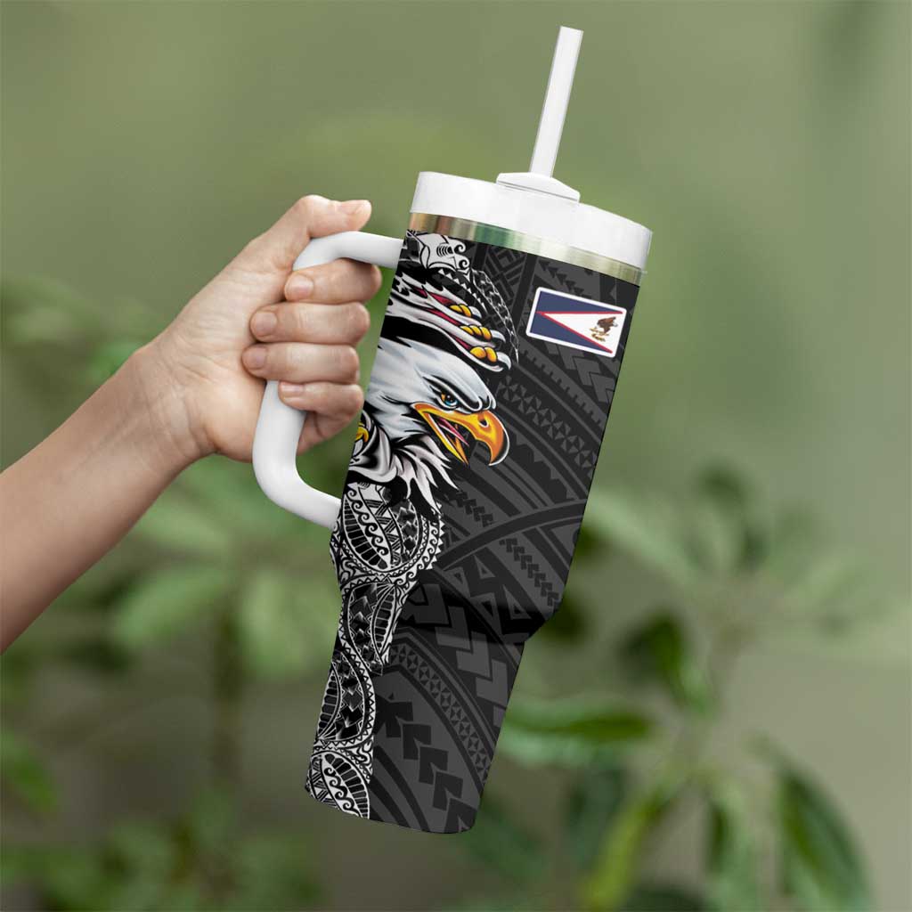 American Samoa Flag Day Tumbler With Handle Tribal Tattoo with Eagle Black LT03 - Polynesian Pride