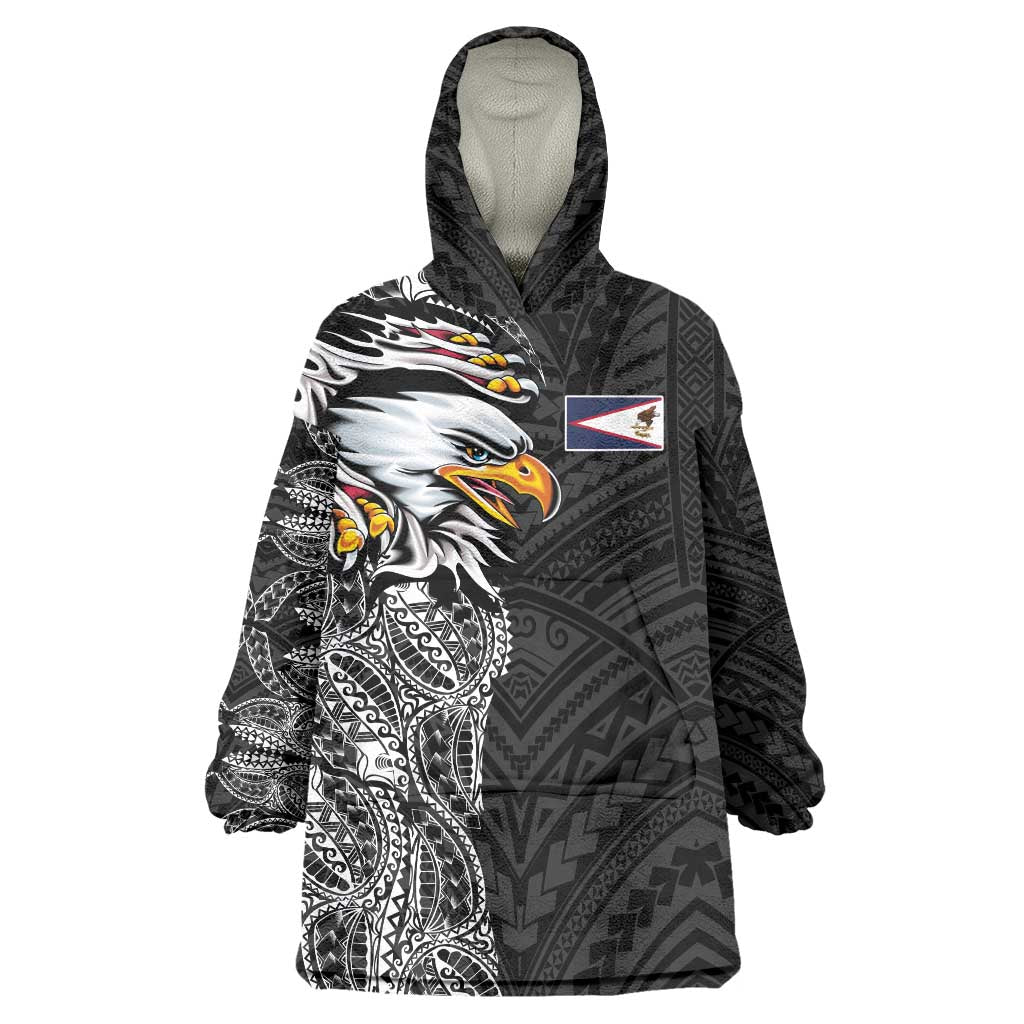 American Samoa Flag Day Wearable Blanket Hoodie Tribal Tattoo with Eagle Black LT03 One Size Black - Polynesian Pride