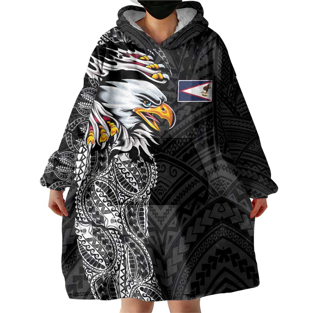 American Samoa Flag Day Wearable Blanket Hoodie Tribal Tattoo with Eagle Black LT03 - Polynesian Pride