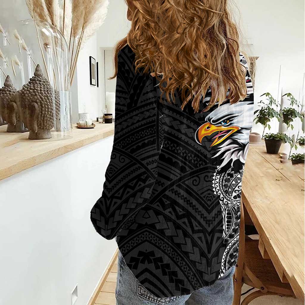 American Samoa Flag Day Women Casual Shirt Tribal Tattoo with Eagle Black LT03 - Polynesian Pride