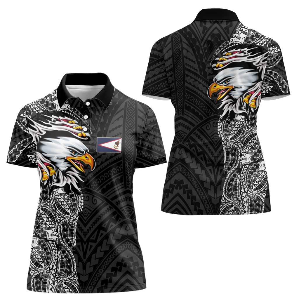 American Samoa Flag Day Women Polo Shirt Tribal Tattoo with Eagle Black LT03 - Polynesian Pride