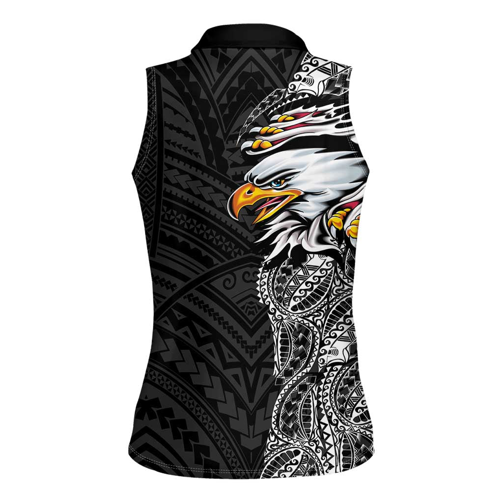 American Samoa Flag Day Women Sleeveless Polo Shirt Tribal Tattoo with Eagle Black LT03 - Polynesian Pride