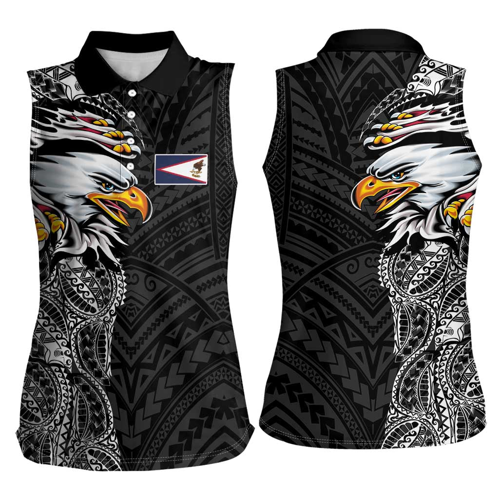 American Samoa Flag Day Women Sleeveless Polo Shirt Tribal Tattoo with Eagle Black LT03 - Polynesian Pride