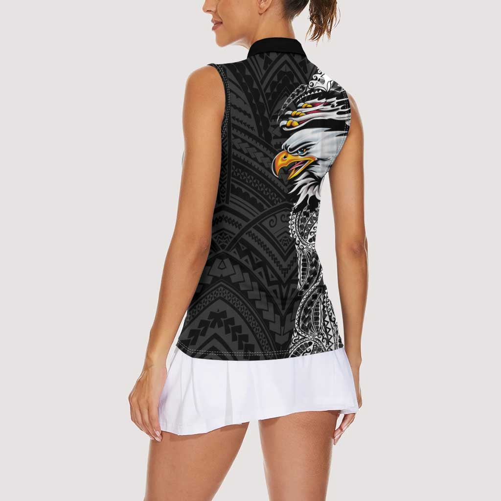 American Samoa Flag Day Women Sleeveless Polo Shirt Tribal Tattoo with Eagle Black LT03 - Polynesian Pride