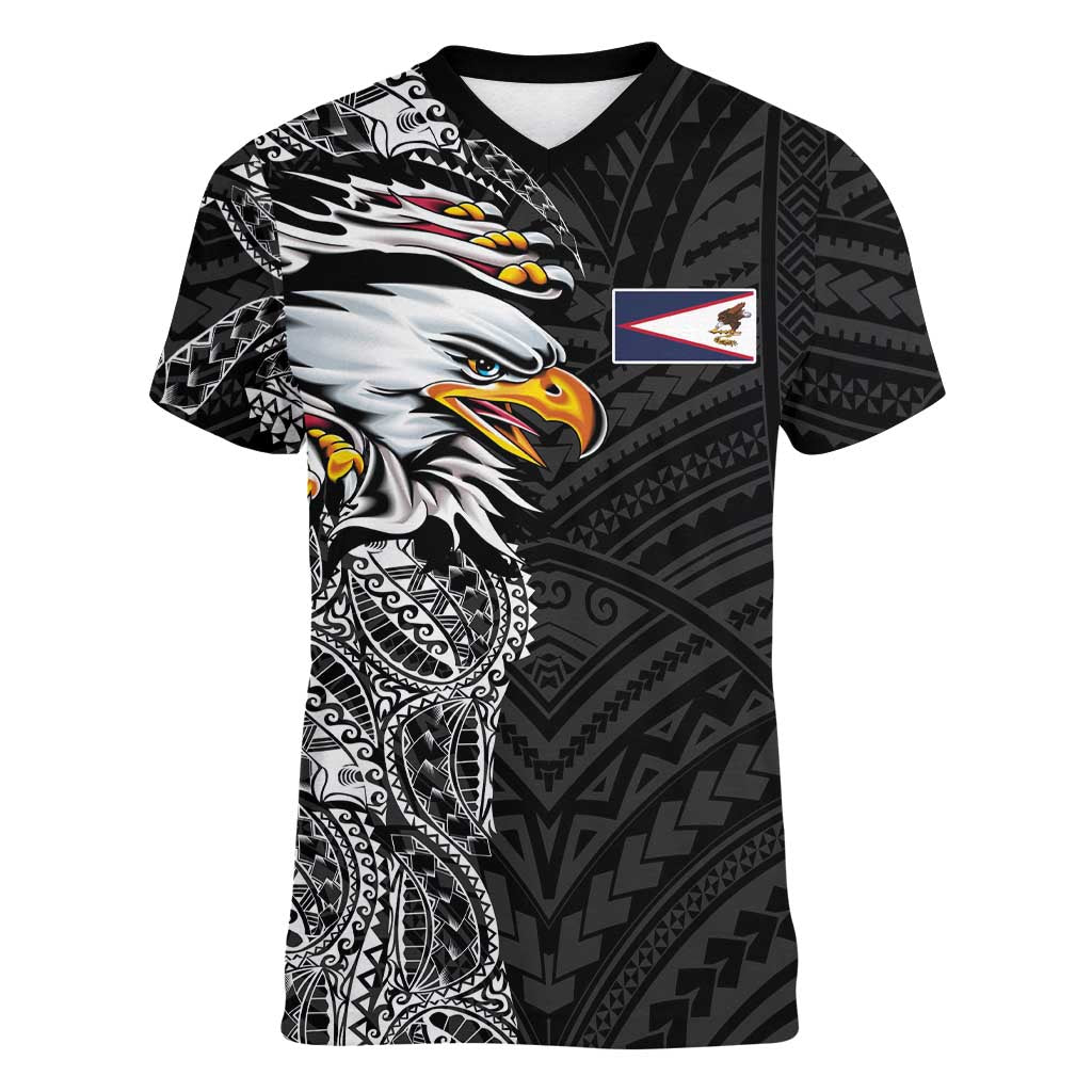 American Samoa Flag Day Women V-Neck T-Shirt Tribal Tattoo with Eagle Black LT03 Female Black - Polynesian Pride