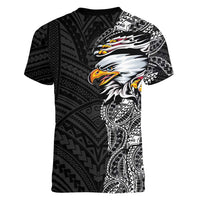 American Samoa Flag Day Women V-Neck T-Shirt Tribal Tattoo with Eagle Black LT03 - Polynesian Pride