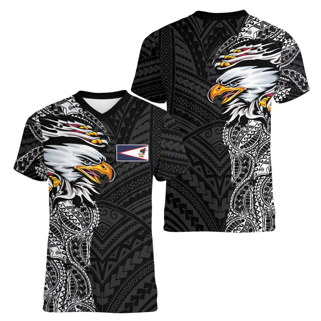 American Samoa Flag Day Women V-Neck T-Shirt Tribal Tattoo with Eagle Black LT03 - Polynesian Pride