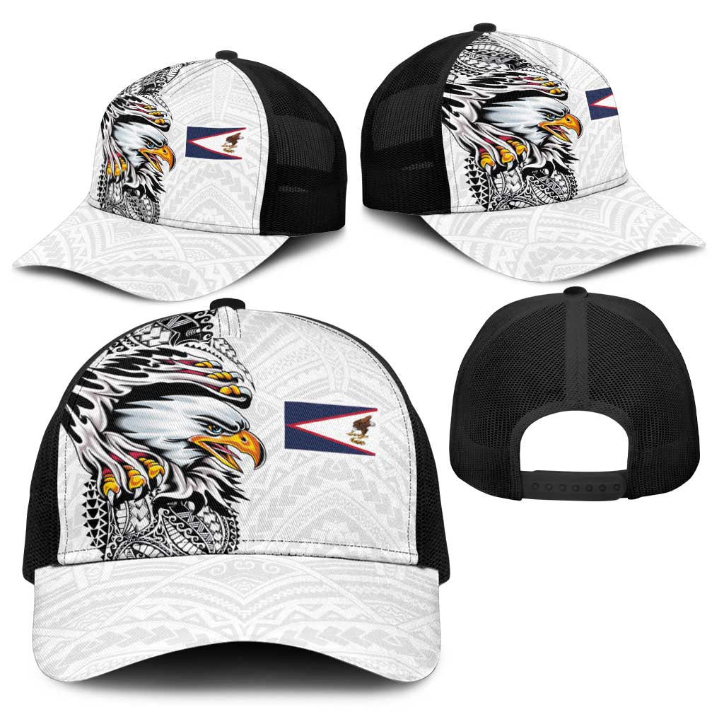 American Samoa Flag Day Baseball Net Cap Tribal Tattoo with Eagle White LT03 - Polynesian Pride