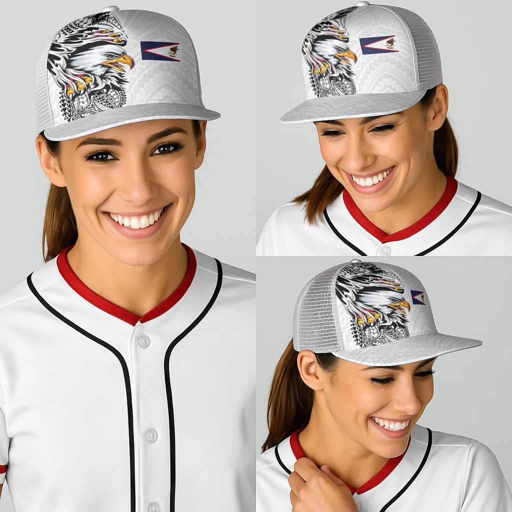 American Samoa Flag Day Baseball Net Cap Tribal Tattoo with Eagle White LT03 - Polynesian Pride