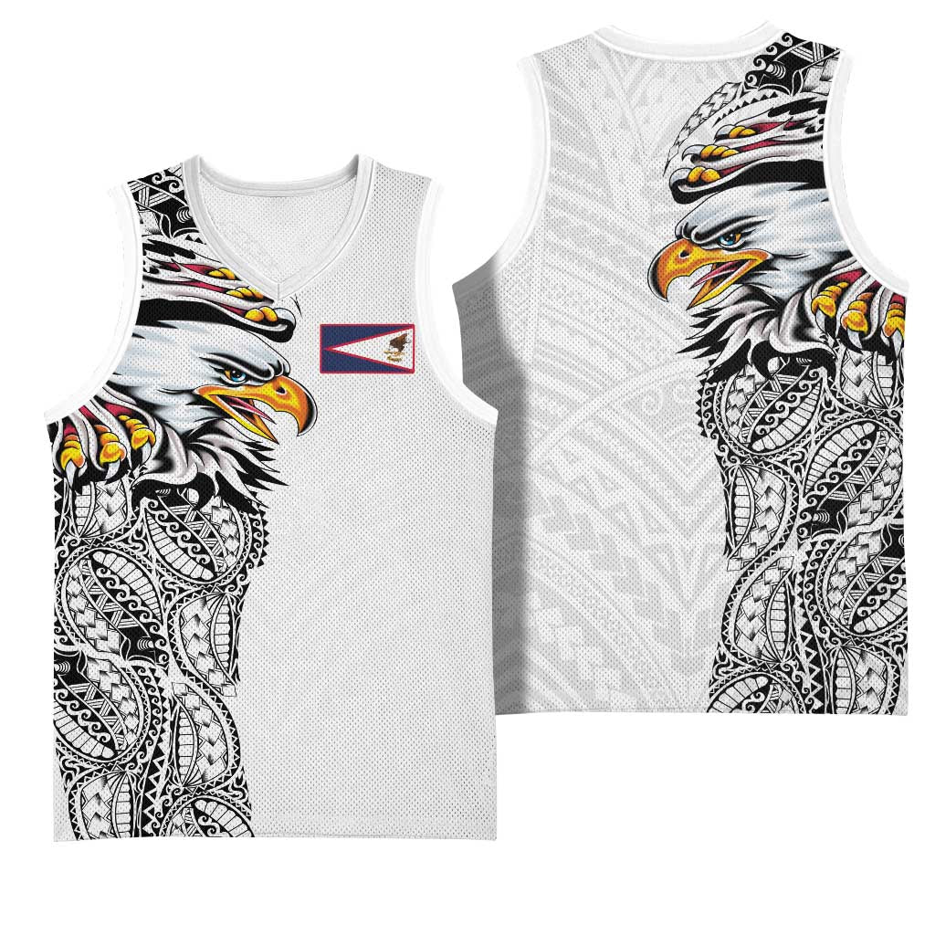 American Samoa Flag Day Basketball Jersey Tribal Tattoo with Eagle White LT03 - Polynesian Pride